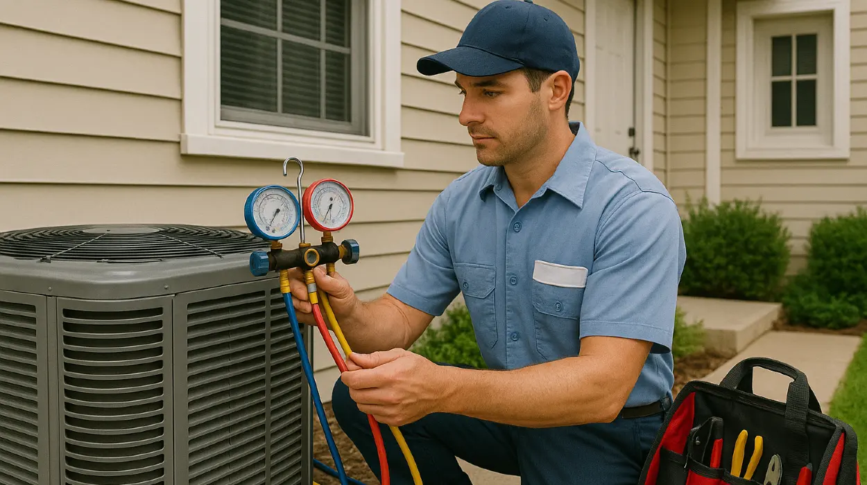 an hvac technician in uniform using the manifold gauge to test an ac unit from Dallas Air Conditioning in Dallas, TX - ac install near me