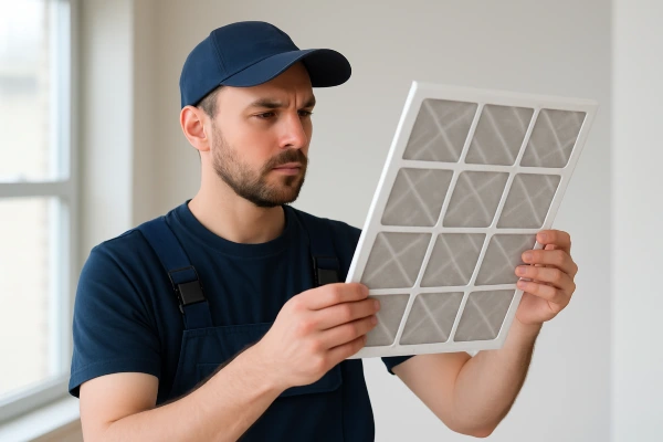 an hvac technician holding and checking an ac filter from Dallas Air Conditioning in Dallas, TX - ac install near me