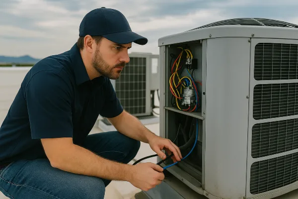 a male hvac technician checking a commercial ac unit on the roof of the building from Dallas Air Conditioning in Dallas, TX - ac repair and service a male hvac technician checking a commercial ac unit on the roof of the building from Dallas Air Conditioning in Dallas, TX - ac repair and service