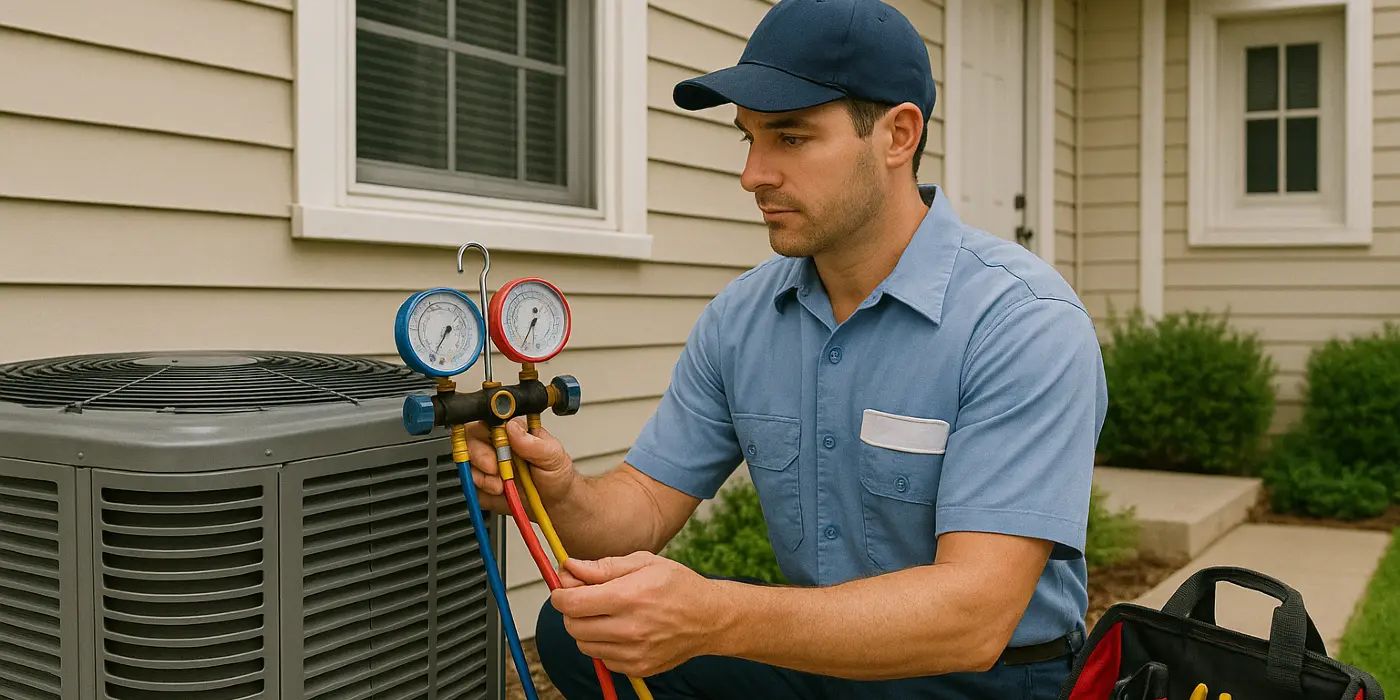 an hvac technician in uniform using the manifold gauge to test an ac unit from Dallas Air Conditioning in Dallas, TX - A/C system maintenance