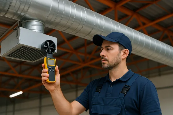 an hvac technician holding a wireless temperature meter to check a vent temperature from Dallas Air Conditioning in Dallas, TX - A/C system maintenance