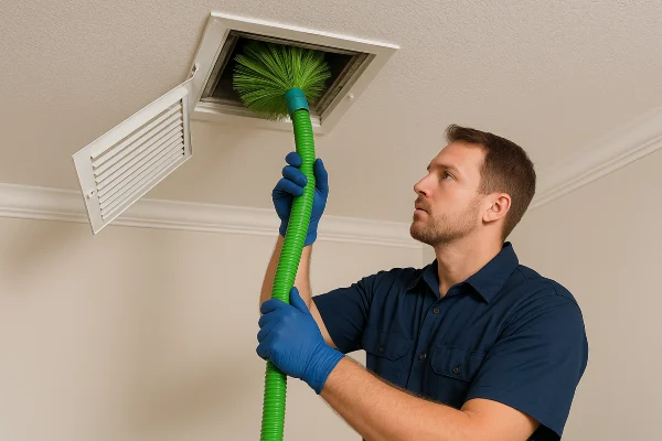 an hvac technician cleaning the ducts with a machine from Dallas Air Conditioning in Dallas, TX - A/C system maintenance