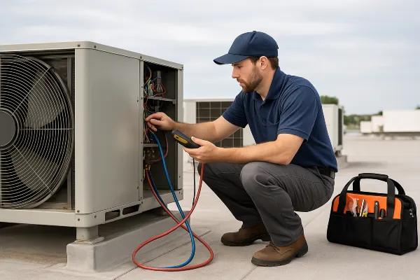 a male hvac technician on the roof checking an AC unit from Dallas Air Conditioning in Arlington, TX - Arlington TX