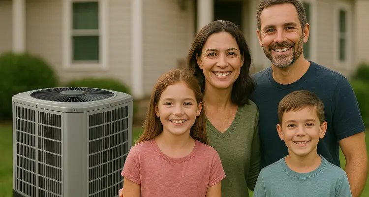 a family outside the house smiling at the camera with a new AC unit next to them from Dallas Air Conditioning in Denton, TX - Denton TX
