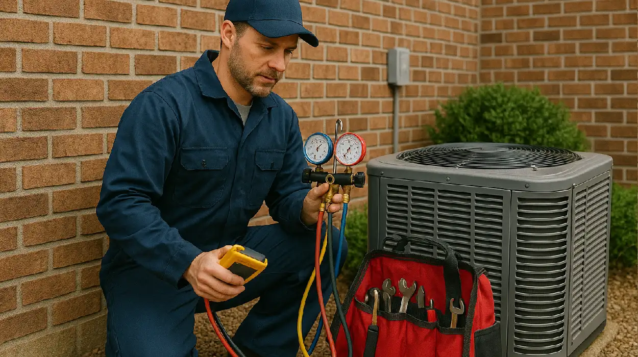 an hvac technician with his tools checking an outside ac unite from Dallas Air Conditioning in Dallas, TX - emergency air conditioner repair