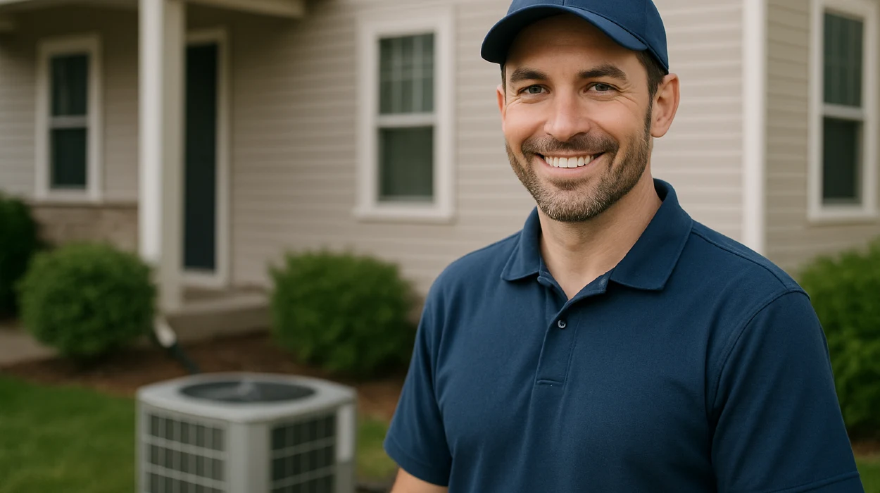an hvac technician on the front porch smiling at the camera and an AC unit next to him from Dallas Air Conditioning in Fort Worth, TX - Fort Worth TX