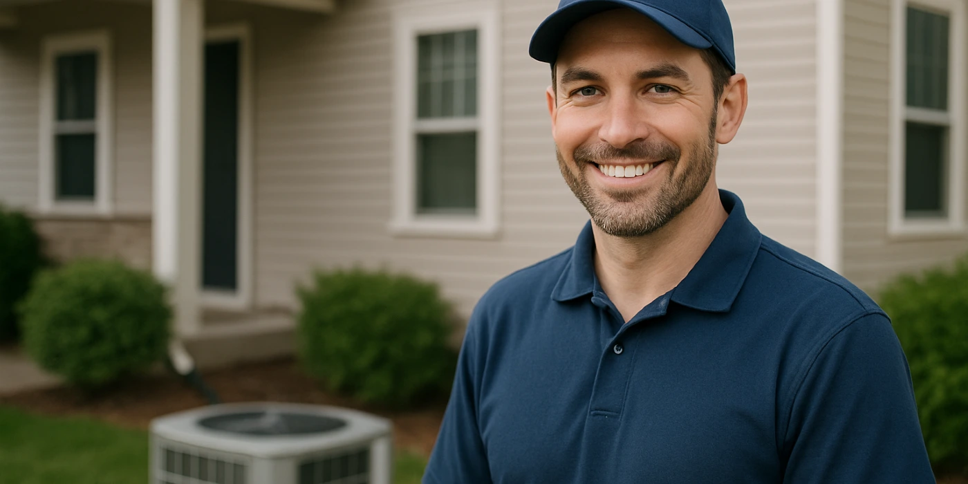 an hvac technician on the front porch smiling at the camera and an AC unit next to him from Dallas Air Conditioning in Fort Worth, TX - Fort Worth TX