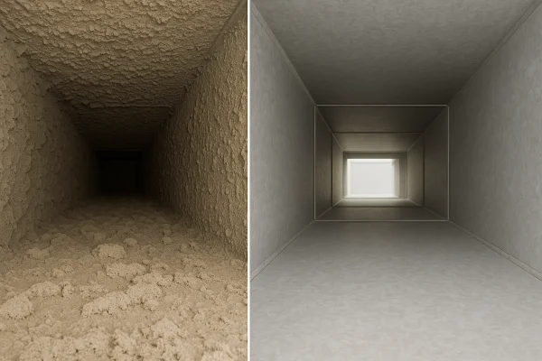 a dirty AC duct on the inside next to a clean AC duct on the inside from Dallas Air Conditioning in Fort Worth, TX - Fort Worth TX