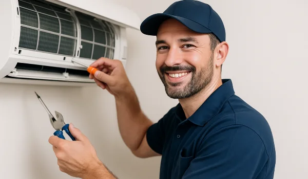 a male hvac techinican using a screwdriver to open a mini split unit and smiling at the camera from Dallas Air Conditioning in Frisco, TX - Frisco TX
