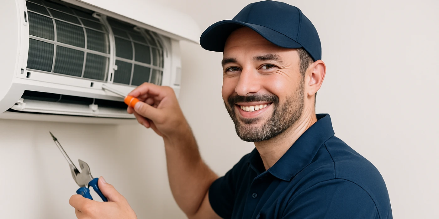 a male hvac techinican using a screwdriver to open a mini split unit and smiling at the camera from Dallas Air Conditioning in Dallas, TX - heating and cooling contractors near me