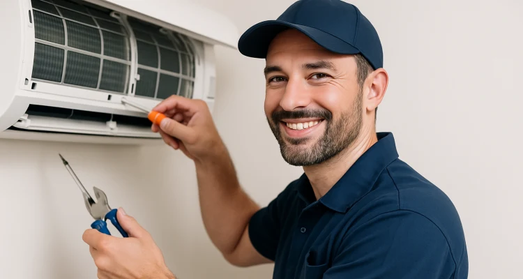 a male hvac techinican using a screwdriver to open a mini split unit and smiling at the camera from Dallas Air Conditioning in Dallas, TX - heating and cooling contractors near me