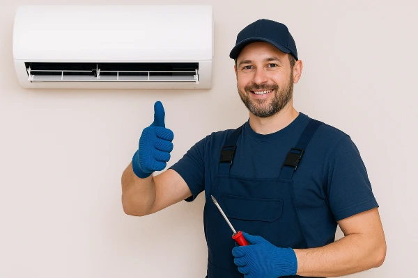 a male hvac technician smiling and giving a thumbs-up at the camera from Dallas Air Conditioning in Dallas, TX - heating and cooling contractors near me