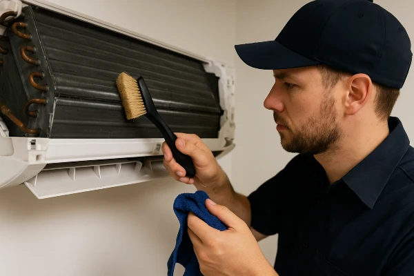 an hvac technician cleaning the coils of an AC unit from Dallas Air Conditioning in Dallas, TX - heating and cooling contractors near me