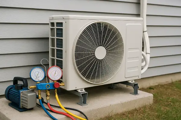 an ac unit outside with an ac manifold gauge next to it from Dallas Air Conditioning in Dallas, TX - Heating system installation an ac unit outside with an ac manifold gauge next to it from Dallas Air Conditioning in Dallas, TX - Heating system installation