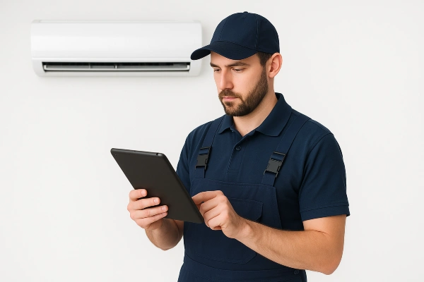 an hvac technician with an ipad filling out a report from Dallas Air Conditioning in Dallas, TX - Heating system installation an hvac technician with an ipad filling out a report from Dallas Air Conditioning in Dallas, TX - Heating system installation
