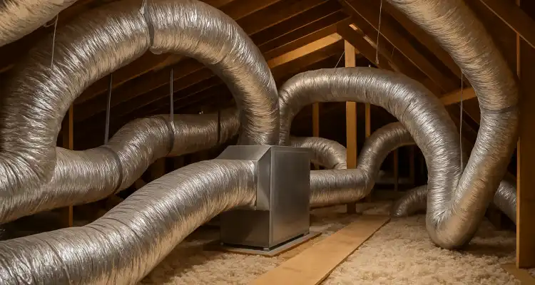 traditional AC ducts installed in the attic of a house from Dallas Air Conditioning in Dallas, TX - Heating system repair dallas