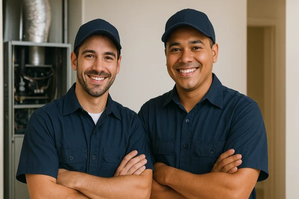2 hvac technician smiling at the camera from Dallas Air Conditioning in Dallas, TX - Heating system repair dallas