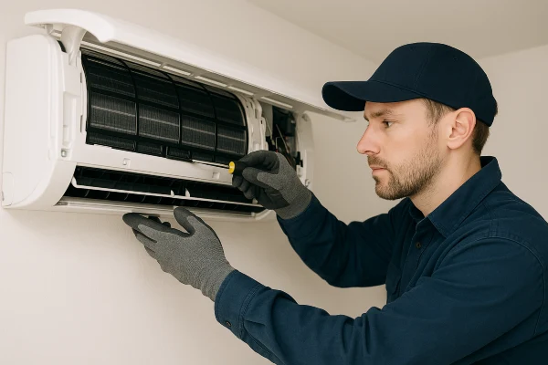 an hvac technician fixing a mini split AC unit from Dallas Air Conditioning in Dallas, TX - Heating system repair dallas