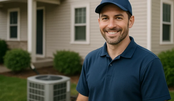 an hvac technician on the front porch smiling at the camera and an AC unit next to him from Dallas Air Conditioning in Dallas, TX - hvac companies dallas