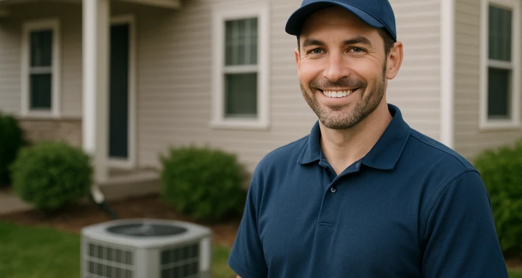 an hvac technician on the front porch smiling at the camera and an AC unit next to him from Dallas Air Conditioning in Dallas, TX - hvac companies dallas