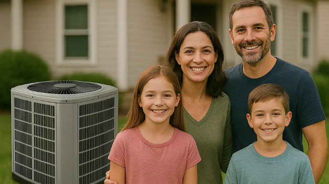 a family outside the house smiling at the camera with a new AC unit next to them from Dallas Air Conditioning in Dallas, TX - hvac repair emergency