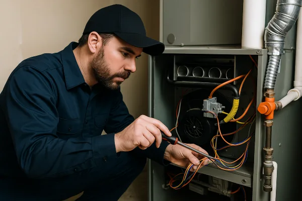 a male hvac technician checking a furnace wiring from Dallas Air Conditioning in Dallas, TX - hvac repair emergency a male hvac technician checking a furnace wiring from Dallas Air Conditioning in Dallas, TX - hvac repair emergency