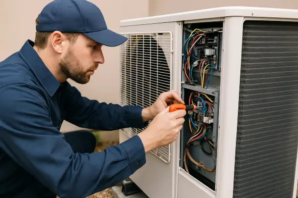 an hvac technician using a scredriver to check the wires of an ac unite from Dallas Air Conditioning in Dallas, TX - Install thermostat