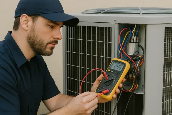 an hvac technician using a ac current meter from Dallas Air Conditioning in Dallas, TX - Install thermostat