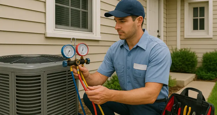 an hvac technician in uniform using the manifold gauge to test an ac unit from Dallas Air Conditioning in Irving, TX - Irving TX