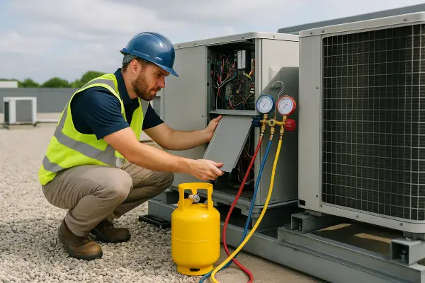 an hvac technician using a small freon tank to refill an ac unit from Dallas Air Conditioning in Irving, TX - Irving TX