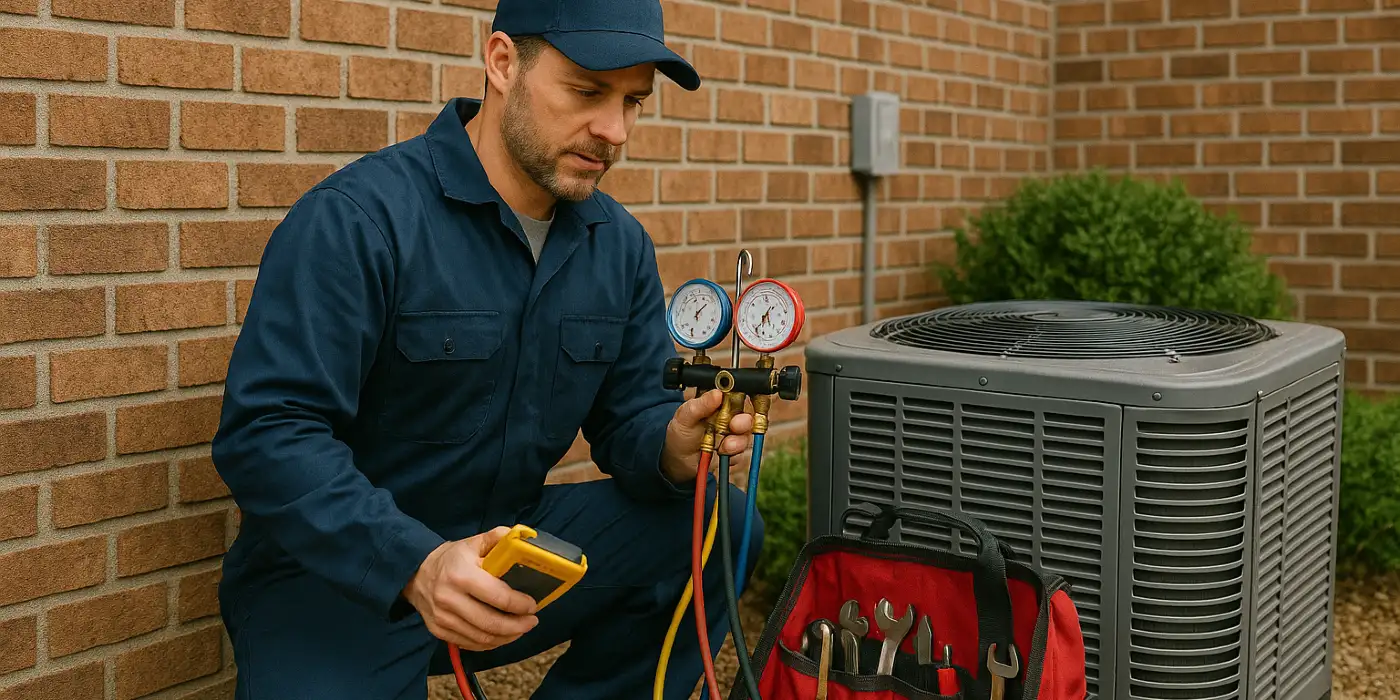 an hvac technician with his tools checking an outside ac unite from Dallas Air Conditioning in Plano, TX - Plano TX