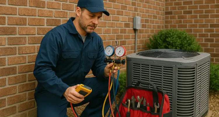 an hvac technician with his tools checking an outside ac unite from Dallas Air Conditioning in Plano, TX - Plano TX
