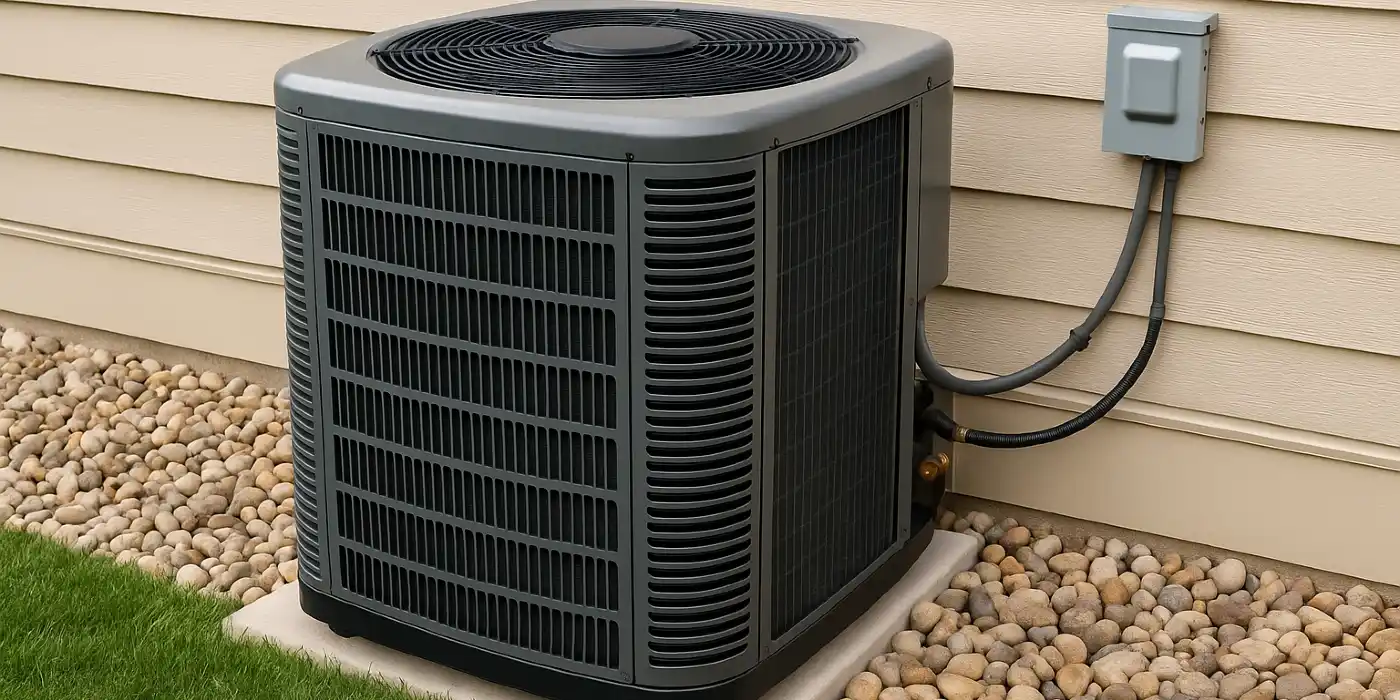 a brand new AC unit outside on a concrete slab from Dallas Air Conditioning in Richardson, TX - Richardson TX