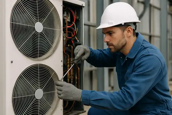 a male hvac technician using a scredriver to open an AC unit from Dallas Air Conditioning in Richardson, TX - Richardson TX