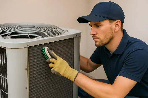 a male hvac technician cleaning the coils of an old AC unit from Dallas Air Conditioning in Richardson, TX - Richardson TX